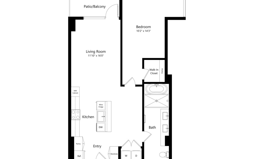 a1 - 1 bedroom floorplan layout with 1 bathroom and 905 square feet