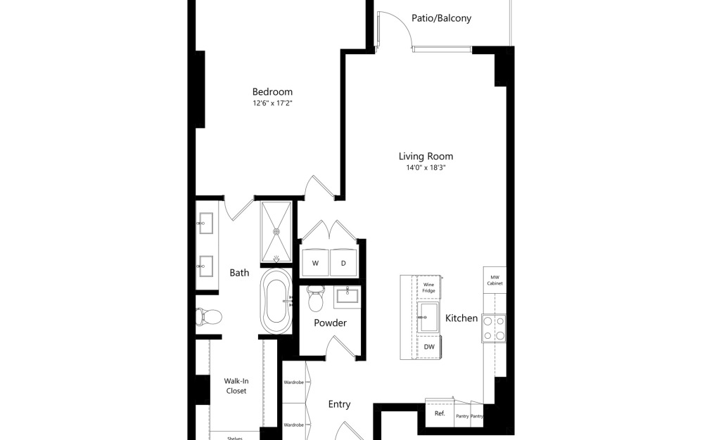 a5 - 1 bedroom floorplan layout with 1.5 bathroom and 1020 square feet