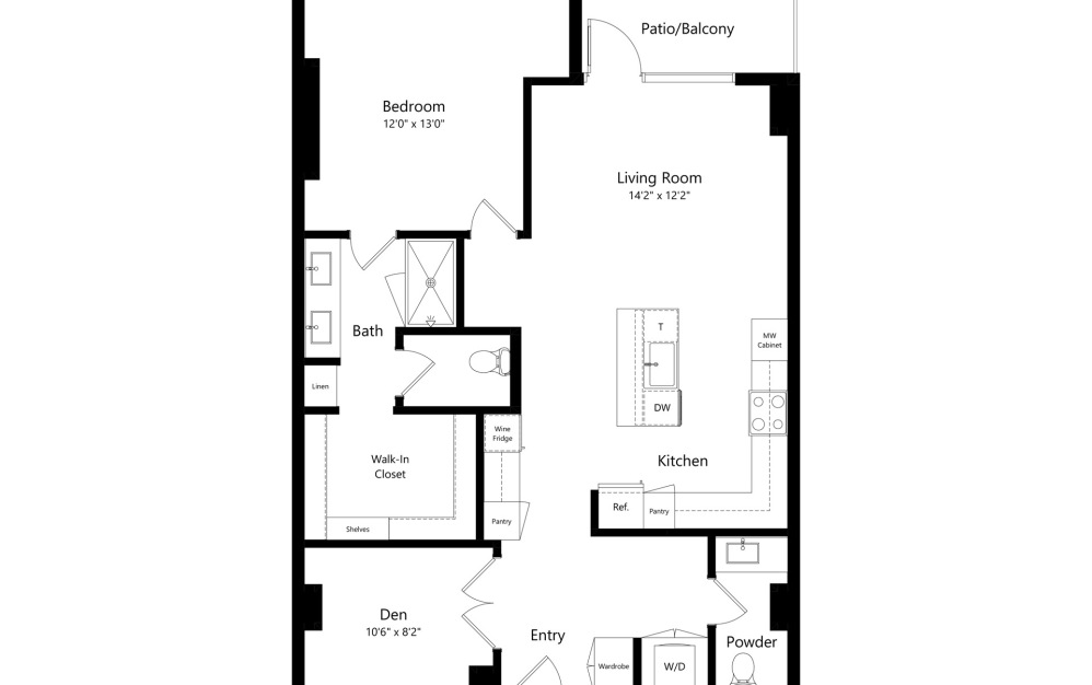 a3 - 1 bedroom floorplan layout with 1.5 bathroom and 1001 square feet