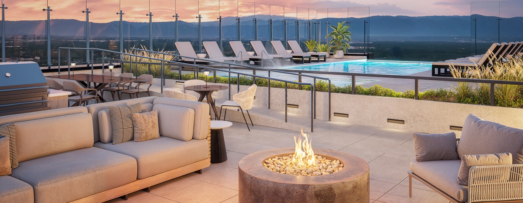 Fire Pit and Lounge Seating Next to our Rooftop Pool