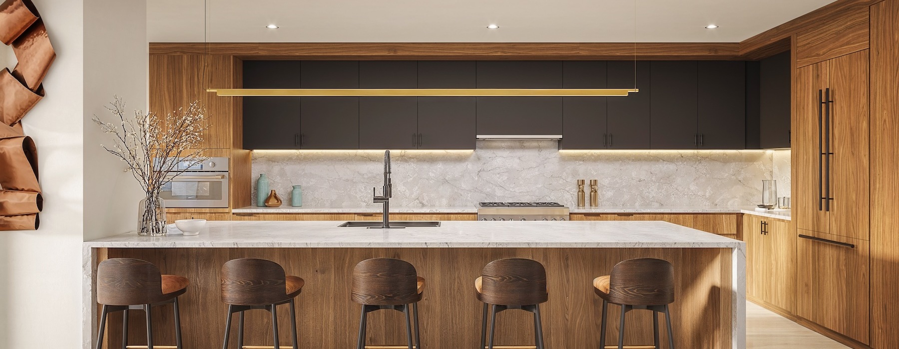 a large kitchen island with bar stools